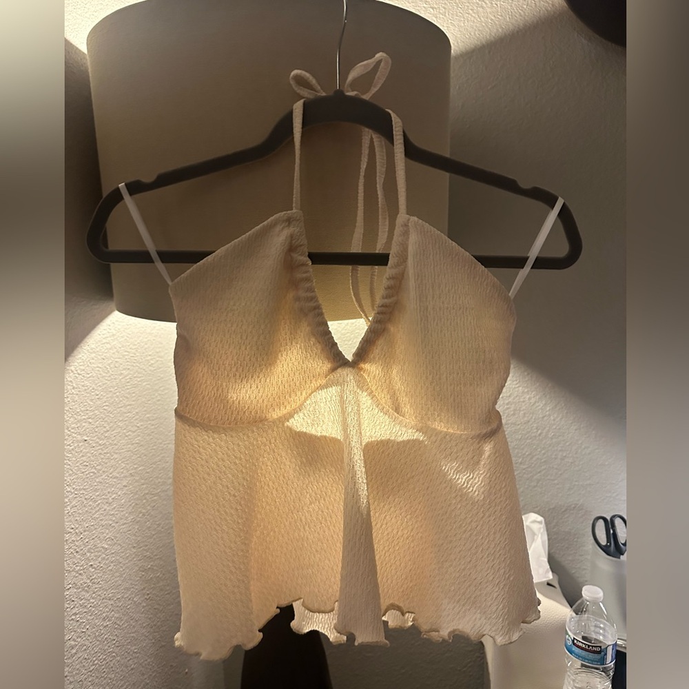NEW Textured Beige Halter Crop Top Versatile Keyhole Tube Ties A-Line Swing XS - Picture 6 of 10